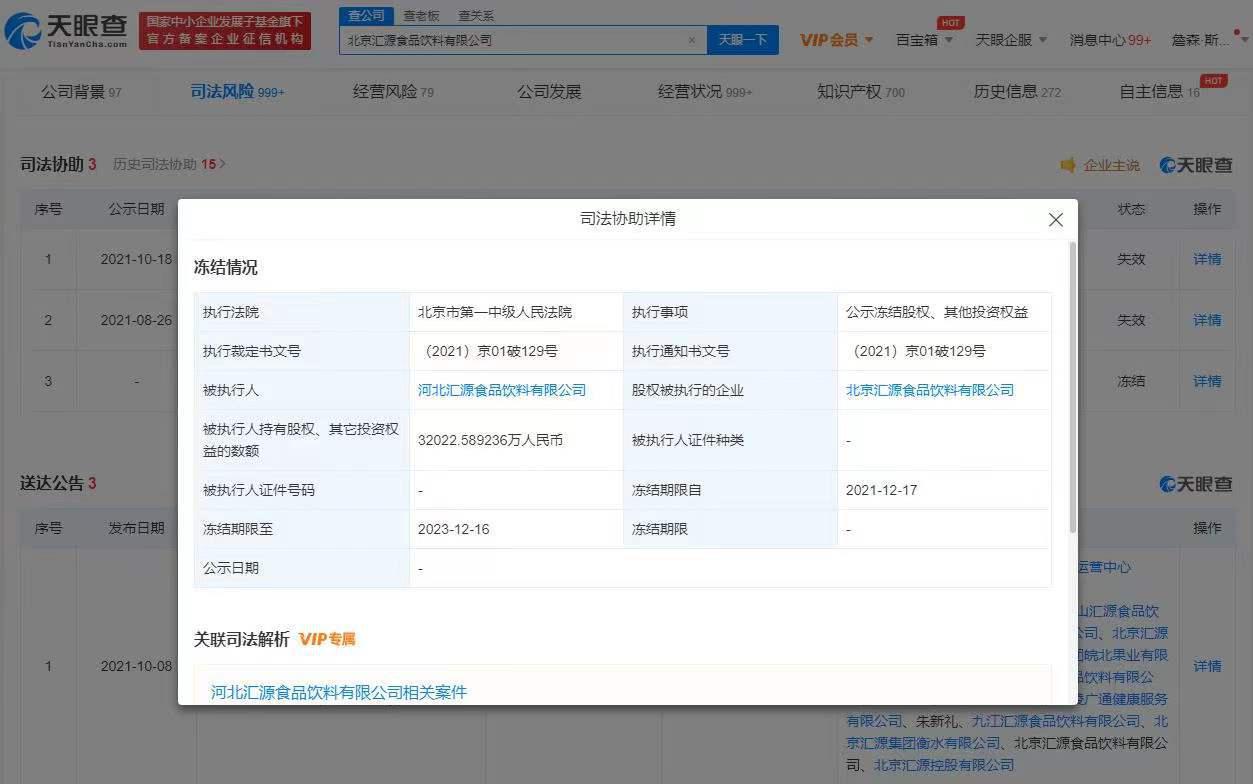 匯源被凍結股權3.2億元 昔日“果汁大王”成老賴