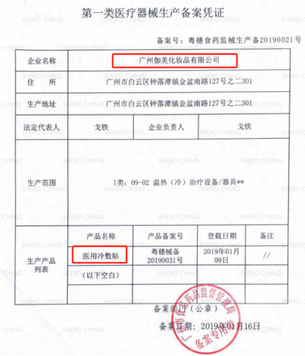 來源：希羅代理向記者提供的“希羅-醫用冷敷貼備案文件” 