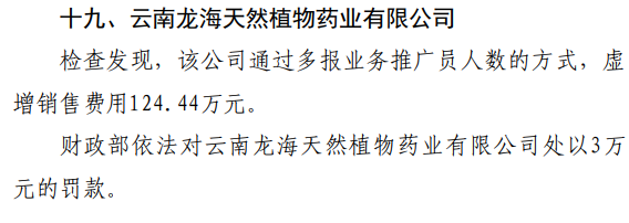 云南龍海天然植物藥業(yè)“虛增銷售費用124.44萬元”被罰