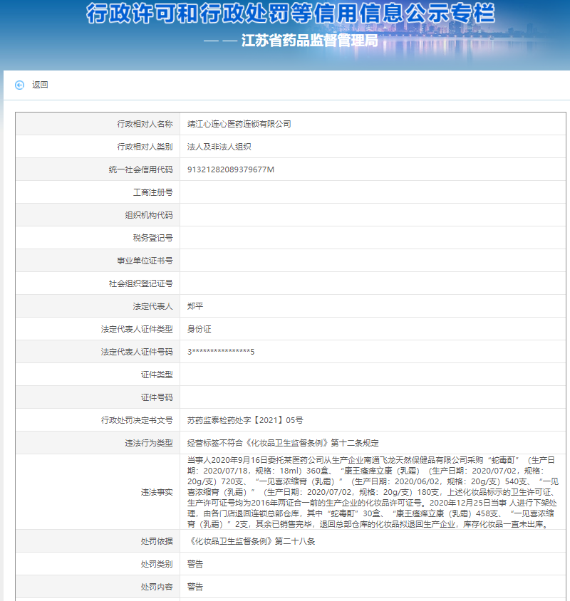 靖江心連心醫藥“經營標簽”不符合規定被警告