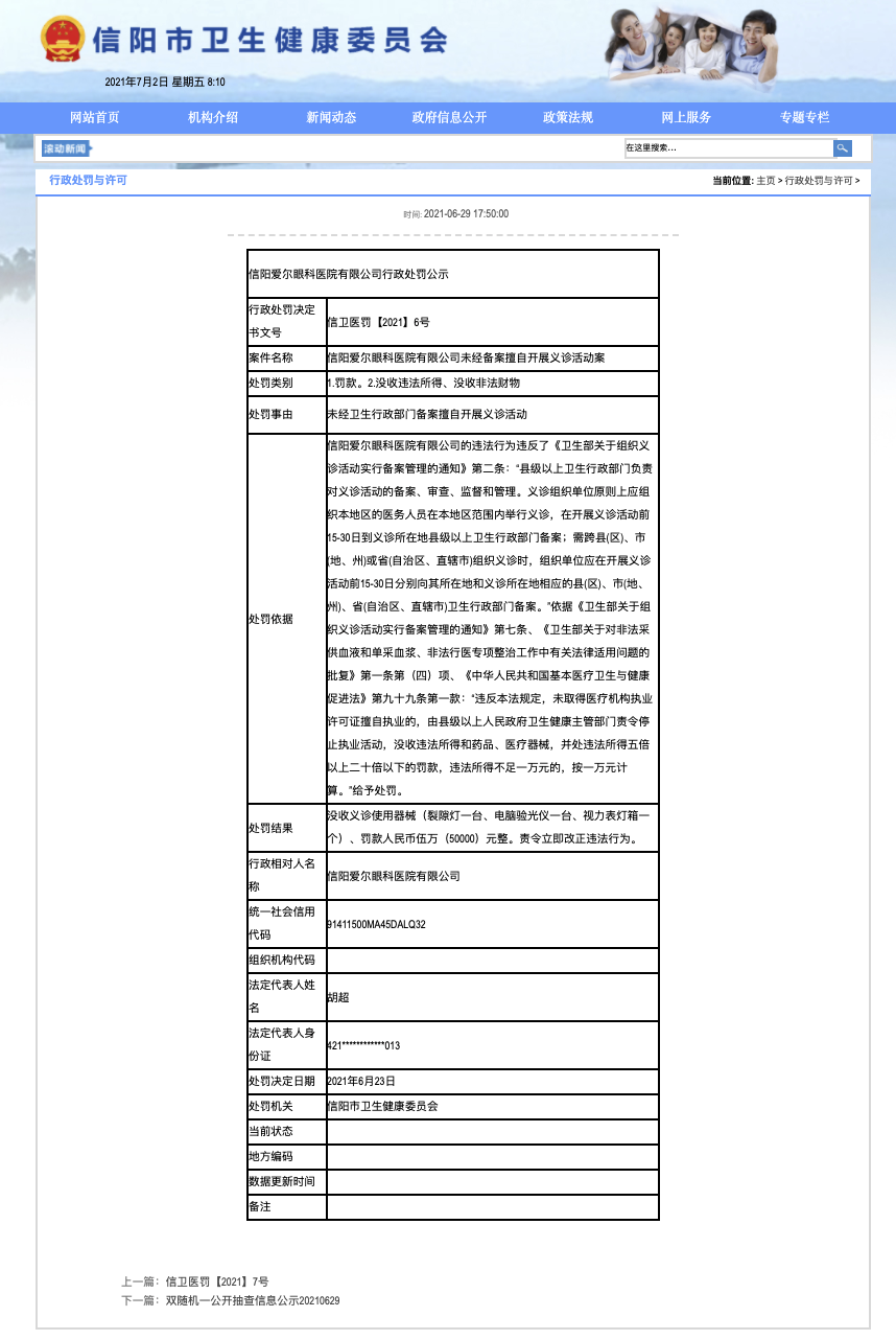 信陽愛爾眼科醫院因擅自開展義診活動被行政處罰