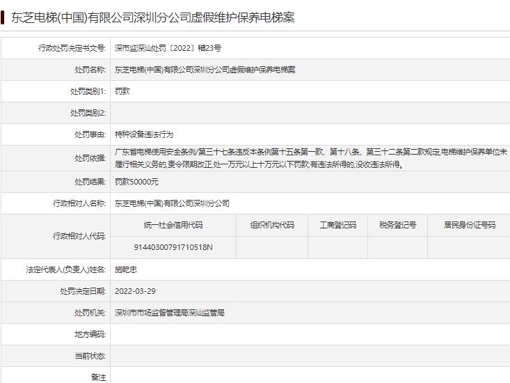 東芝電梯深圳分公司違法被罰 虛假維護保養電梯