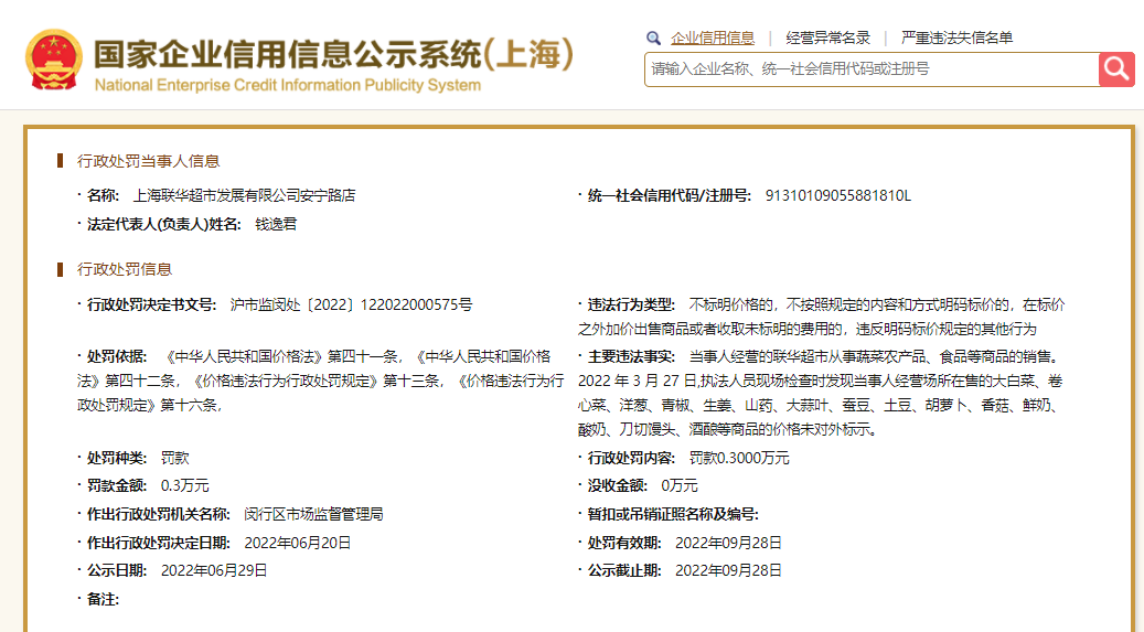 世紀聯華門店因商品未標價被罰