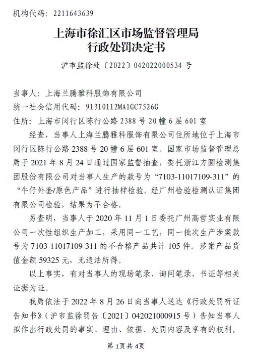 馬克華菲子公司生產(chǎn)不合格牛仔外套被罰近9萬(wàn)元