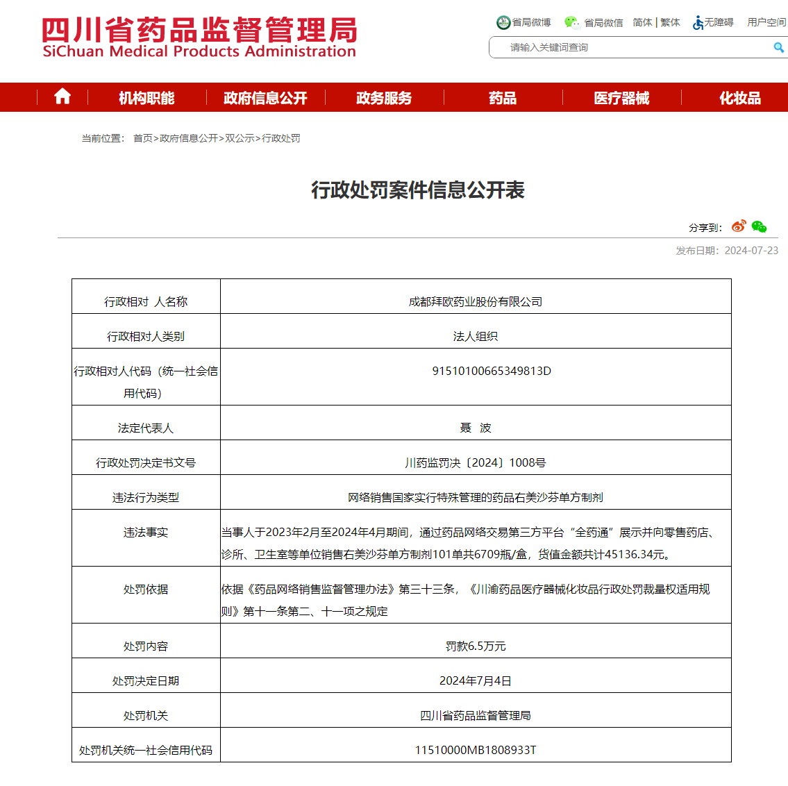 成都拜歐藥業(yè)違規(guī)銷售右美沙芬單方制劑被罰6.5萬元